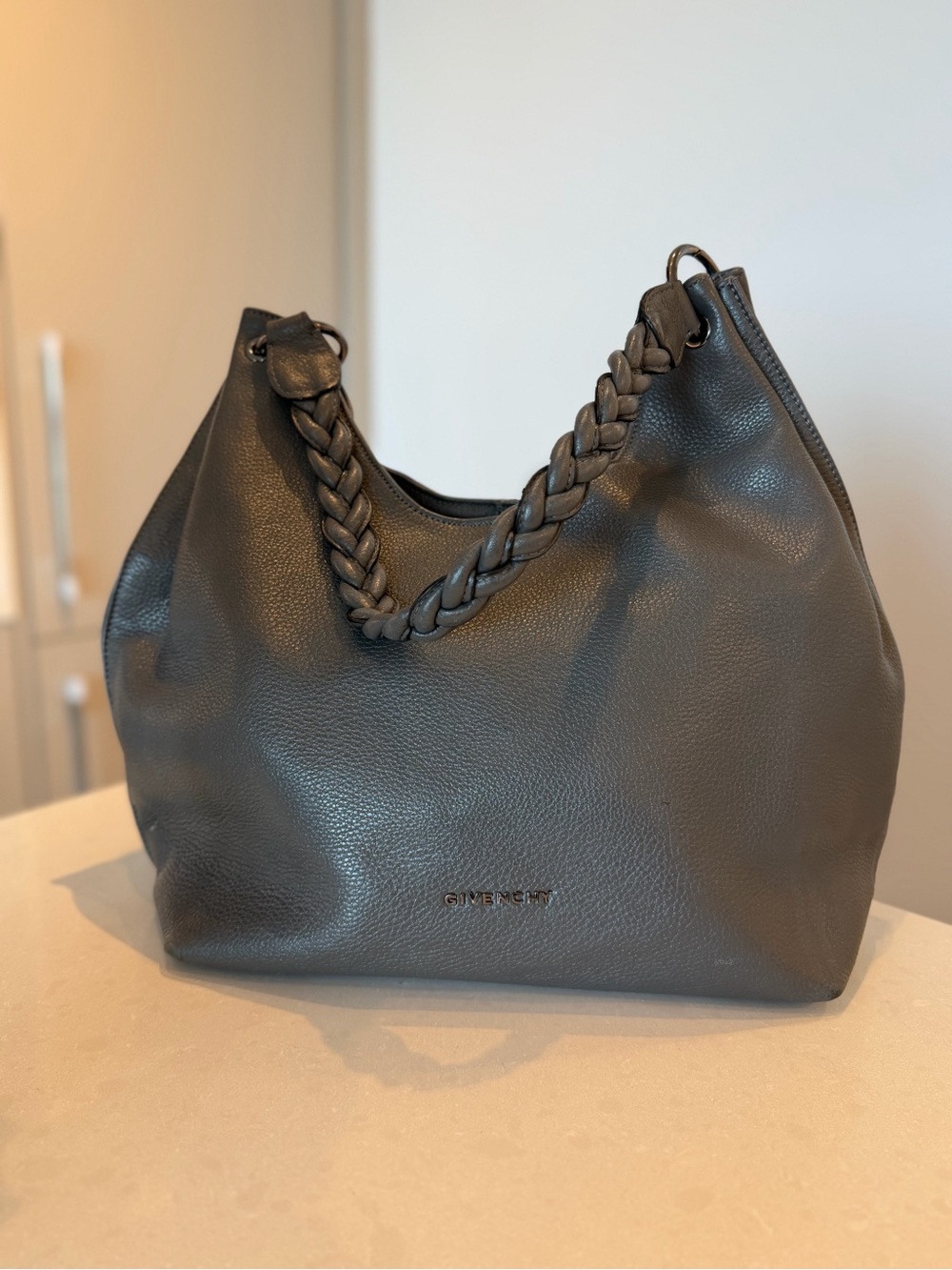 Braided-Handle Hobo Bag in Dark Gray